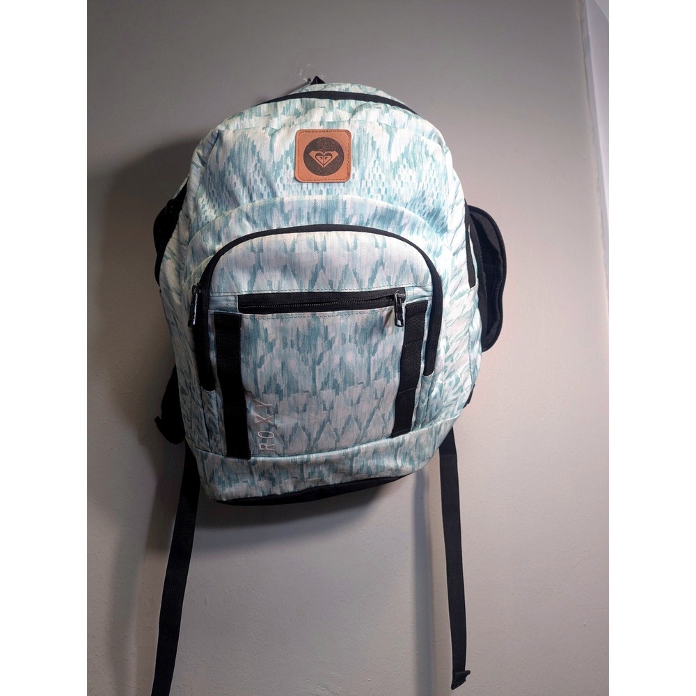 Roxy Womens Backpack Aqua White Ikat Print School Laptop Daypack 15 Inch